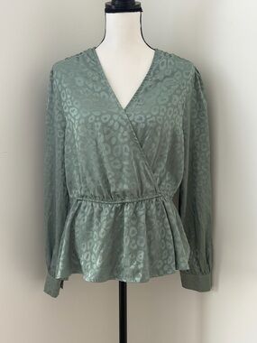 Self Esteem Sage Green Leopard Jacquard Surplice Peplum Blouse